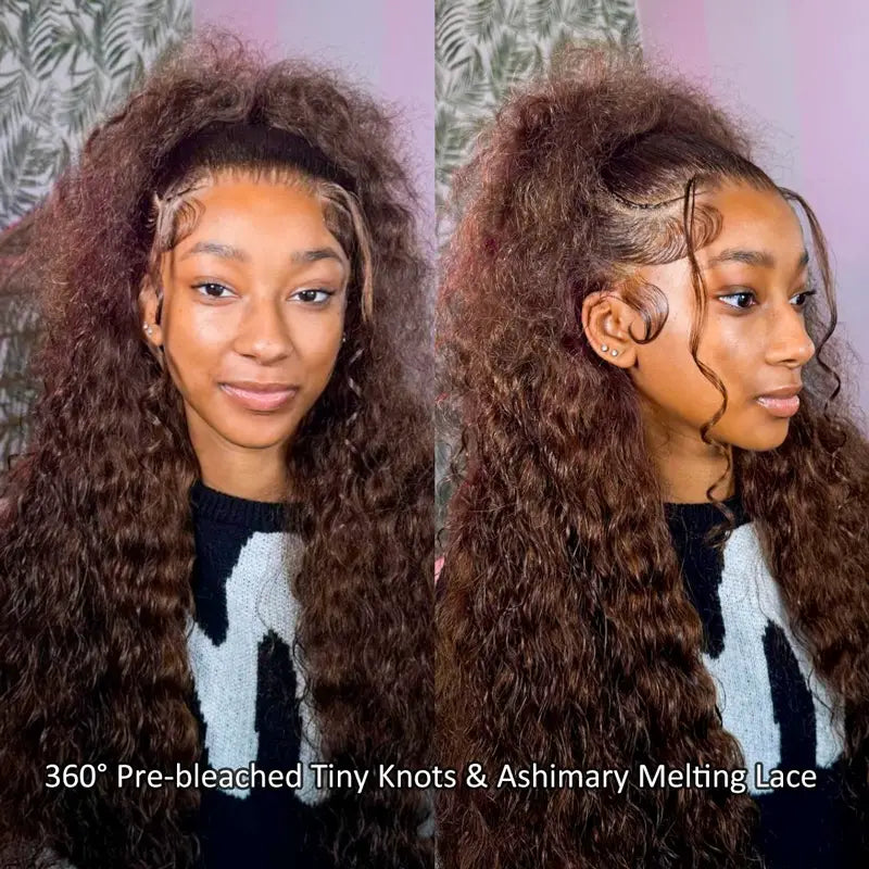Chocolate Brown Water Wave 360 Lace Wig Snug Fit Bleached Knots ashimaryhair