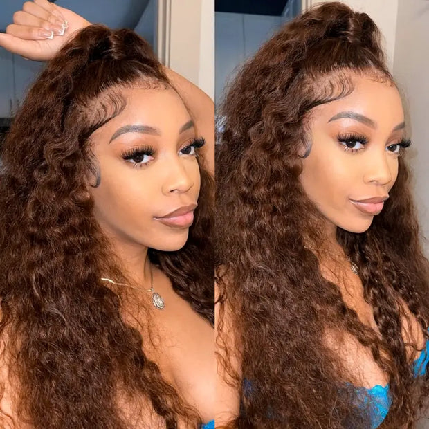 BOGO Invisi Strap Snug Fit 360 SKin Lace Chocolate Brown Water Wave Bleached Knots Glueless Lace Wig