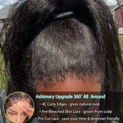 Ashimary 4C Edges Invisi-Strap Snug Fit 360 Transparent Lace Frontal Kinky Straight Wig with Curly Baby Hair All Around 360 degree Pre Bleached Knots