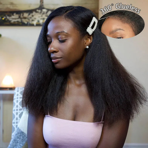 Ashimary 4C Edges Invisi-Strap Snug Fit 360 Transparent Lace Frontal Kinky Straight Wig with Curly Baby Hair All Around 360 degree Pre Bleached Knots