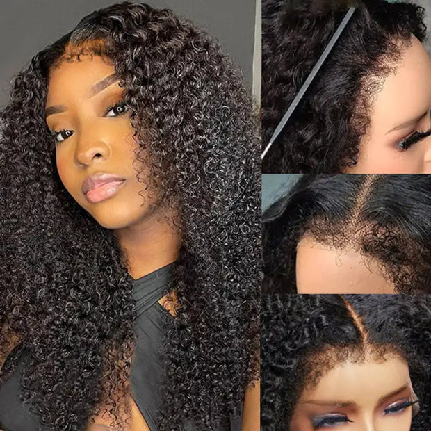 Kinky Curly 4C Edges Invisi-Strap Laid Flat 360 Transparent Lace Wig Pre Bleached Knots with Curly Baby Hair All Around