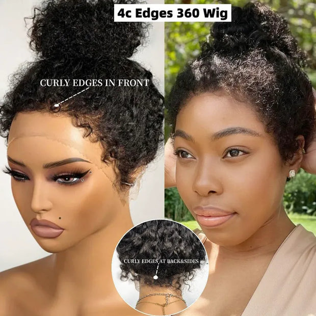 Kinky Curly 4C Edges Invisi-Strap Laid Flat 360 Transparent Lace Wig Pre Bleached Knots with Curly Baby Hair All Around