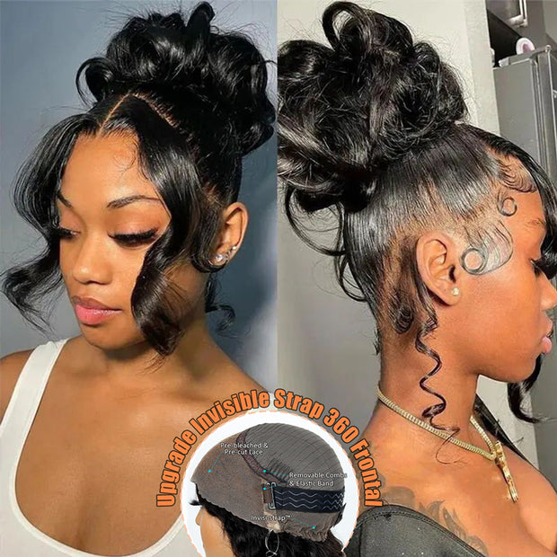 Face Framing Body Wave Invisi-Strap™ Snug Fit 360 Transparent Lace Frontal Bleached  Knots Pre Cut Lace Wig