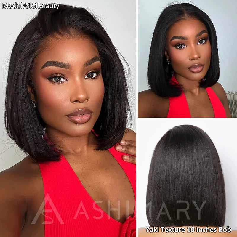 Human Hair Yaki Straight Bob Wig Glueless Lace Front Pre Plucked Pre Cut 12 inch Amazon.com : Julia Hair 12 Inch Yaki Straight Drawstring  main image 3