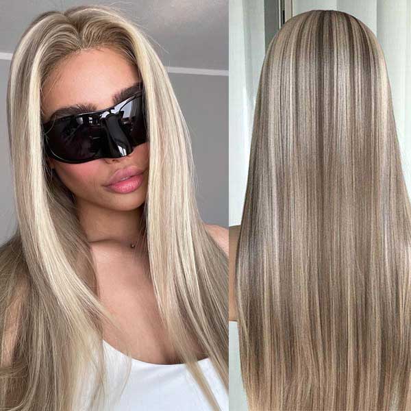 Wear Go Blonde Balayage on Brown Highlight Pre Cut Transparent Lace Closure Human Hair Wig