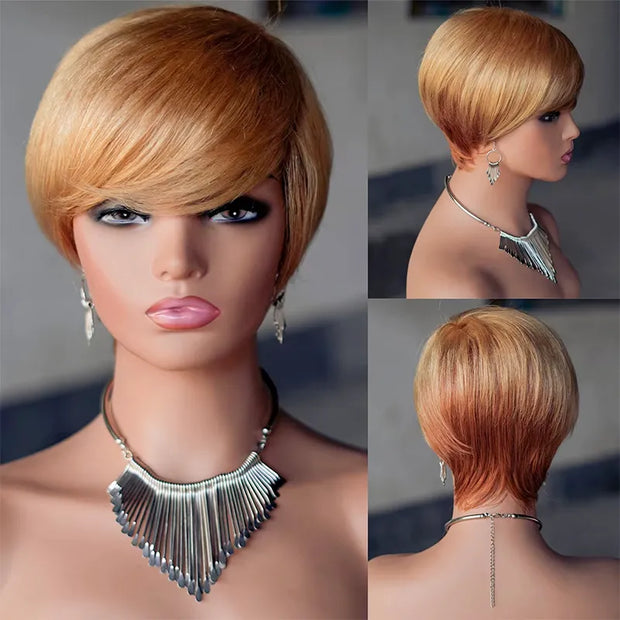 Pixie Cut Short Hair Blonde Ombre Human Hair With Bangs
