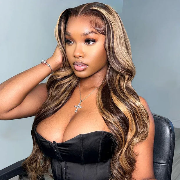 Brown Highlight Swiss Lace Wigs Ashimary Body Wave 