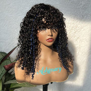 Boho Blue Twist Curly Wig With Bangs Cost-Effective To-Go Wig 100% Human Hair