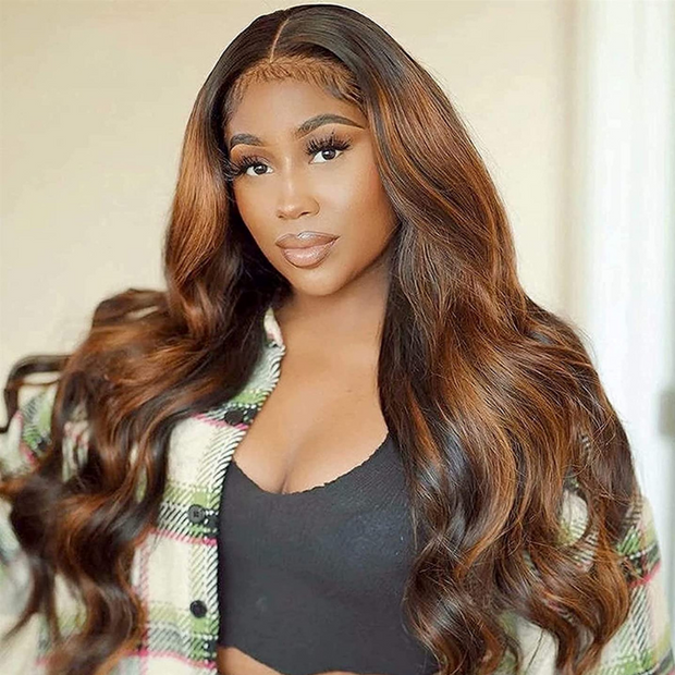Flash Sale Dark Root Brown Balayage Highlight Body Wave Lace Front Wig 180% 250% Density
