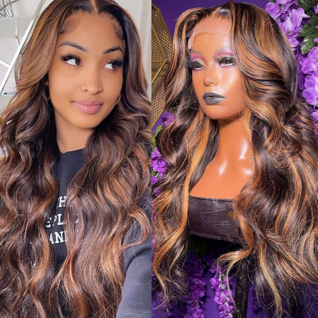 Flash Sale Dark Root Brown Balayage Highlight Body Wave Lace Front Wig 180% 250% Density