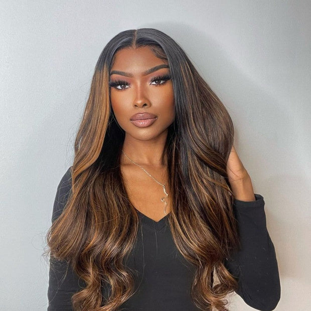Flash Sale Dark Root Brown Balayage Highlight Body Wave Lace Front Wig 180% 250% Density