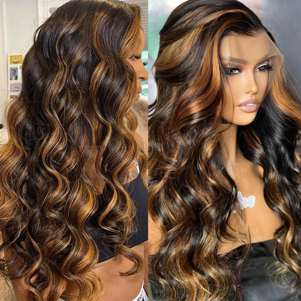 Flash Sale Dark Root Brown Balayage Highlight Body Wave Lace Front Wig 180% 250% Density