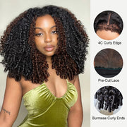 Brown Highlight Burmese Curly Glueless 13x6 Full Pull Go Lace Front Pre-Everything Human Hair Wig