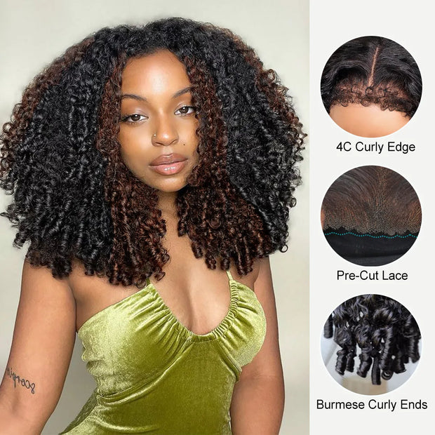 Brown Highlight Burmese Curly Glueless 13x6 Full Pull Go Lace Front Pre-Everything Human Hair Wig