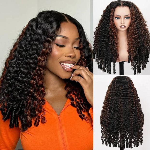Brown Highlight Burmese Curly Glueless 13x6 Full Pull Go Lace Front Pre-Everything Human Hair Wig
