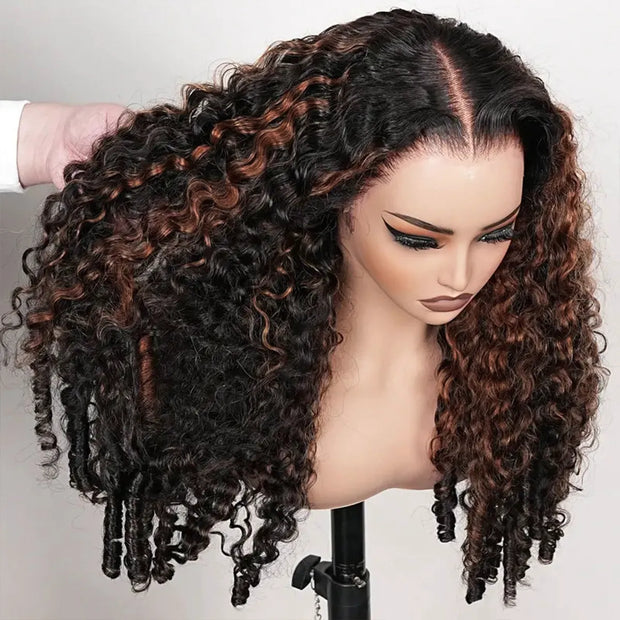 Brown Highlight Burmese Curly Glueless 13x6 Full Pull Go Lace Front Pre-Everything Human Hair Wig