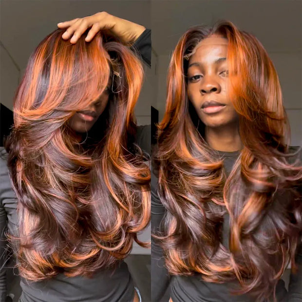 Brown with Ginger Highlights Body Wave 13x4 Transparent Lace Frontal Human Hair Wig