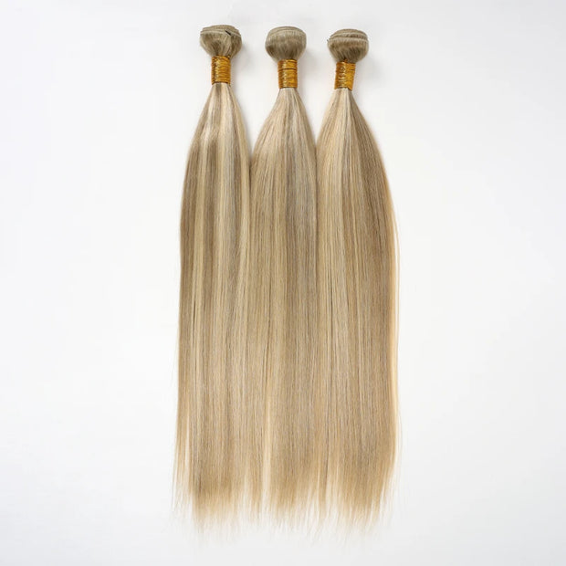 3 Bundles with Closure Customized Blonde Balayage on Brown Straight Human Hair 4x4 Lace Closure