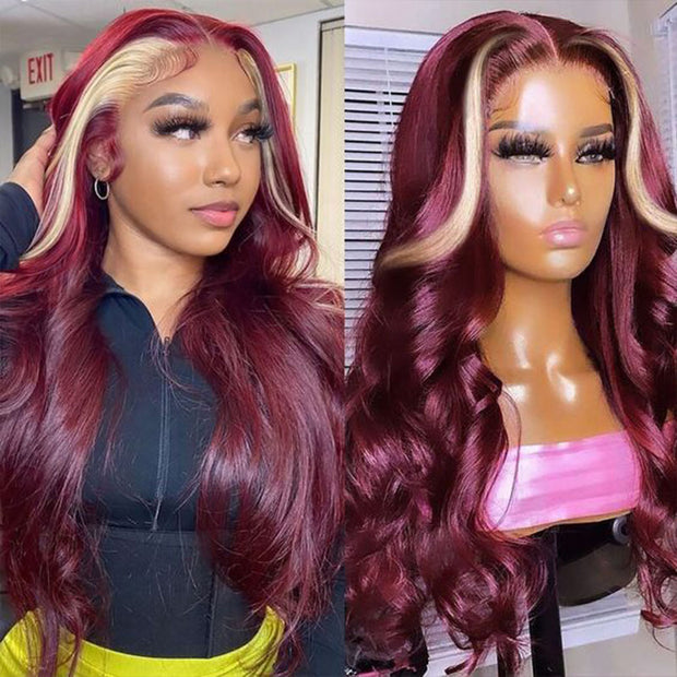 Hot Burgundy With Blonde Highlight Lace Frontal Wig Ashimary New Arrival