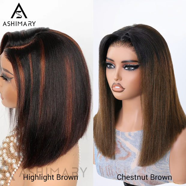 Flash Sale Highlight Bob Yaki Straight Human Hair 180% Density Pre Bleached Tiny Knots Glueless Wig