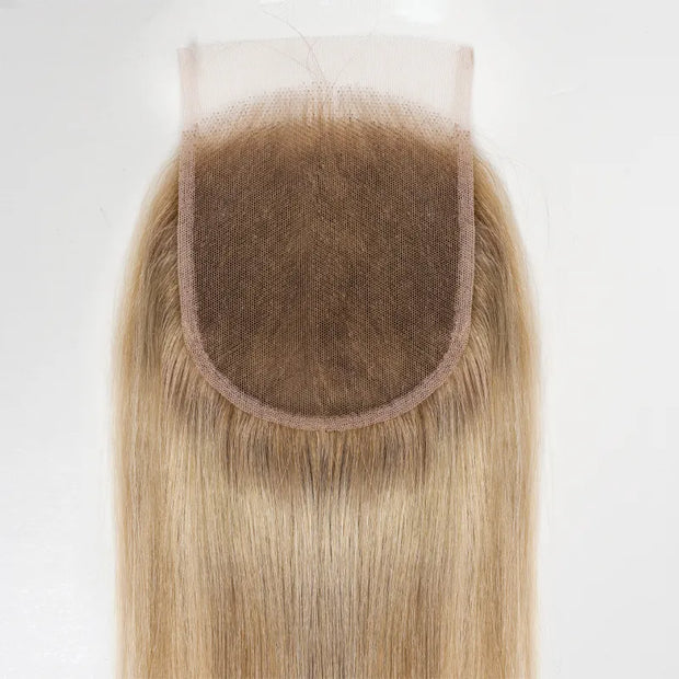 3 Bundles with Closure Customized Blonde Balayage on Brown Straight Human Hair 4x4 Lace Closure