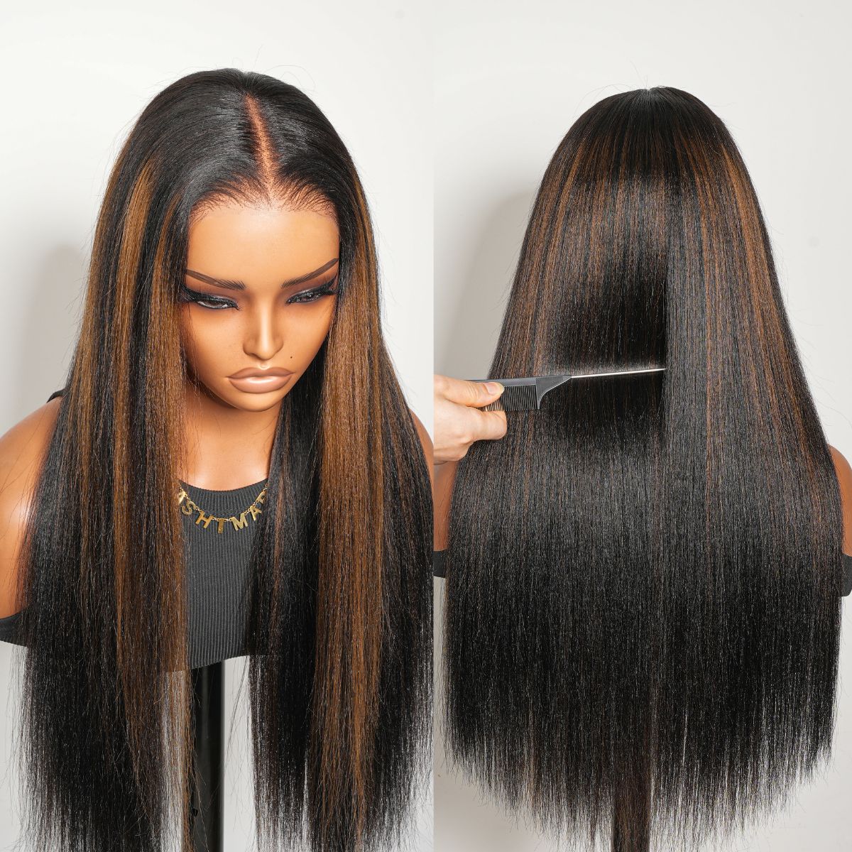 StayLock Straight Wig 7x5 Lace Brown Mix Ginger Highlight Glueless Snug ...
