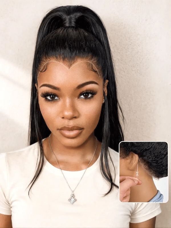 Pre-Styled Widows Peak Ponytail Wig Invisi Strap 360 Lace Wig Glueless Human Hair Yaki Straight Wigs