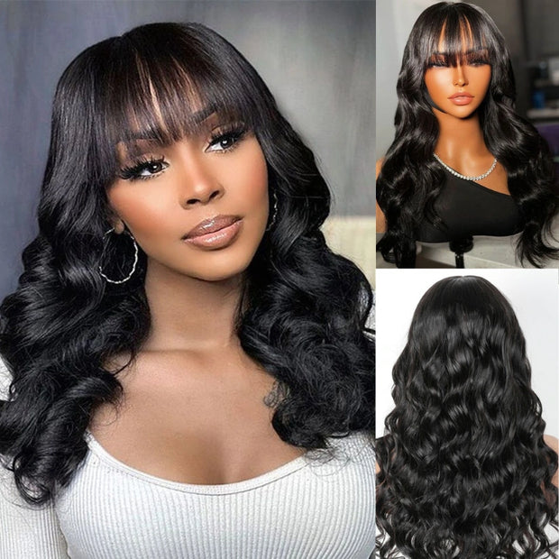 Real Human Hair Put on & Go Body Wave Wig with Bangs