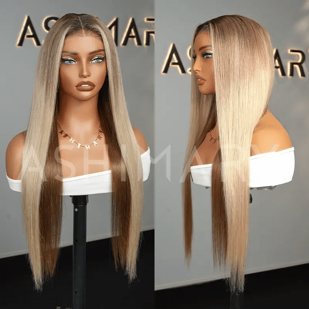 Highlight Blonde Ombre Straight Wig 6x4.5 Transparent Glueless Lace Beginner Friendly Ready To Go Wig