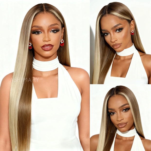 Highlight Blonde Ombre Straight Wig 6x4.5 Transparent Glueless Lace Beginner Friendly Ready To Go Wig