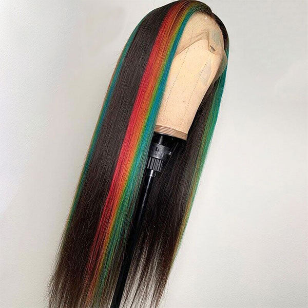 Highlight-Skunk-Stripe-Rainbow-4x4-13x4-Lace-Wig-Pre-Plucked-With-BabyHair