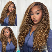 Honey Blonde Highlight Water Wave Pull Go 13x6 Full Skin Lace Wig Tiny Knots Glueless Wig