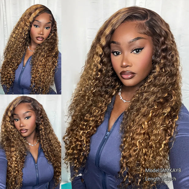 Honey Blonde Highlight Water Wave Pull Go 13x6 Full Skin Lace Wig Tiny Knots Glueless Wig