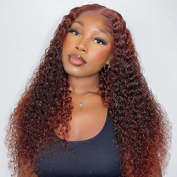 Reddish Brown Jerry Curly HD Transparent Lace Wigs