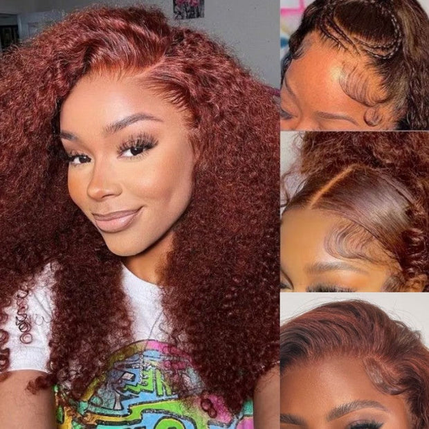 22'' $189 Reddish Brown Glueless Human Hair 6x4.5 Pre-Cut Glueless Kinky Curly Wig