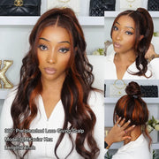 Salon Layer Cut Ginger Highlights On Brown Hair 360 Lace Frontal Invisi Strap Skin Lace InvisiDrawstring Snug Fit Body Wave Human Hair Wig