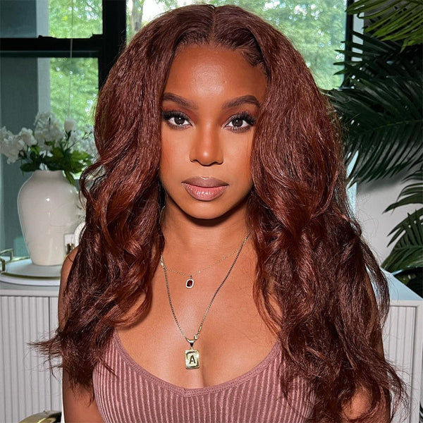 reddish brown kinky straight human hair wigs lace frontal thick hair Ashimary.com