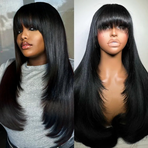 Layered Cut with Bangs 4x4 Transparent Lace Closure Wig Straight Human ...