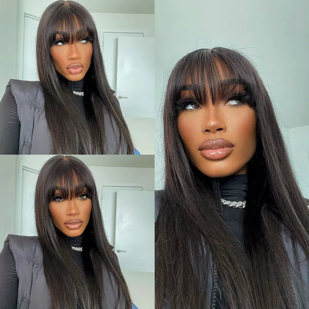 Layered Cut with Bangs 4x4 Transparent Lace Closure Wig Straight Human ...