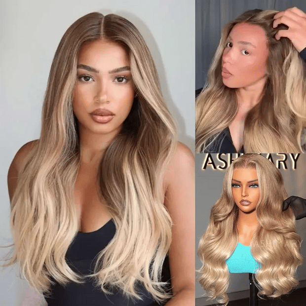 Ombre Blonde Bouncy Body Wave Wig 6x4.5 Lace Glueless Wig Face Framing Highlight Human Hair Wig