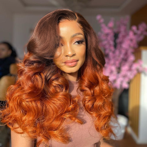 Ombre Ginger on Rich Brown Bocuncy Body Wave 6x4.5 Transparent Lace Glueless Wig Beginner Friendly
