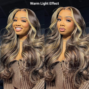 Chocolate Brown Blonde Highlight Color Salon Hairstyles Layered Cut Body Wave 13x4 Transparent Lace Front Wig Curtain Bangs Hair