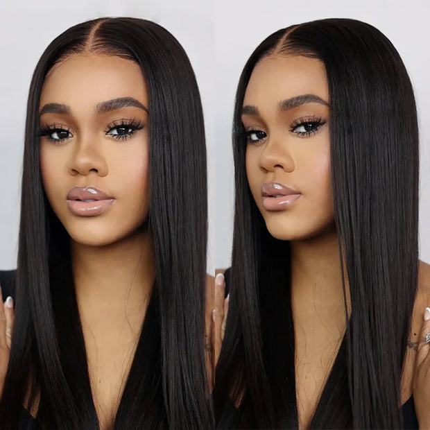 2 Wigs Set | Body Wave Wig with Pre-Cut Bangs + 5x5 Lace Transparent Natural Black Straight Wig