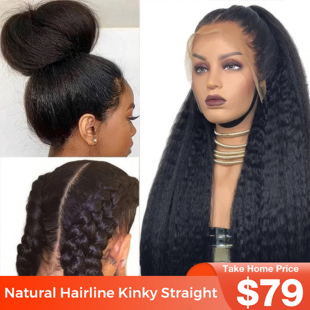 Flash Sale 4C Edges Hairline Kinky Straight 6x4.5 Pre-Cut Lace & 4x4/13x4/13x6 HD Transparent Lace Front Wig With Baby Hair