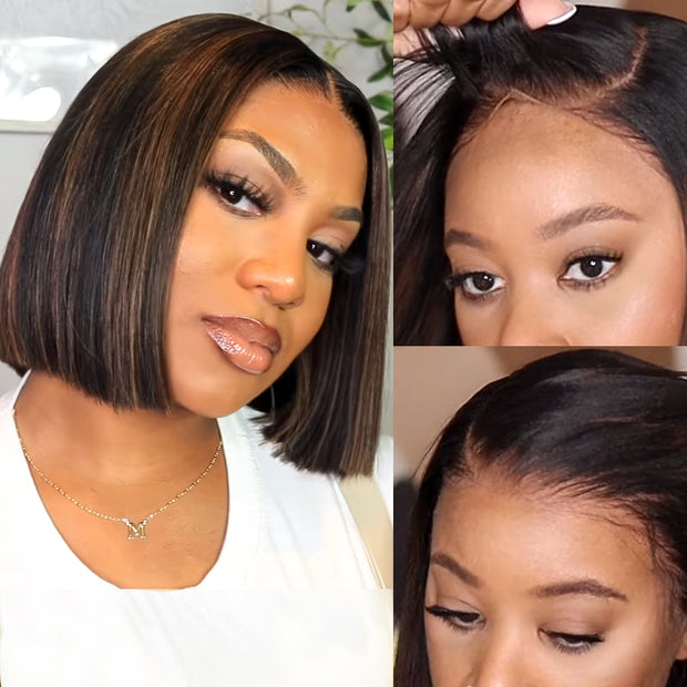 Flash Sale Highlight Bob Yaki Straight Human Hair 180%/250% Density Pre Bleached Tiny Knots Glueless Wig