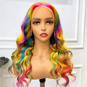 Rainbow Hair Color Body Wave Human Hair Glueless Lace Wigs Online For Sale