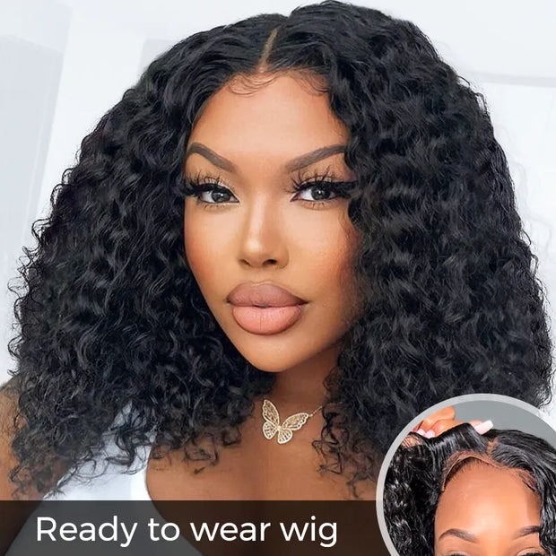 Ready-to-wear Glueless Short Deep Wave HD Transparent Lace Wig With Pre-cut Lace & Pre Plucked Hairline & Bleached Knots