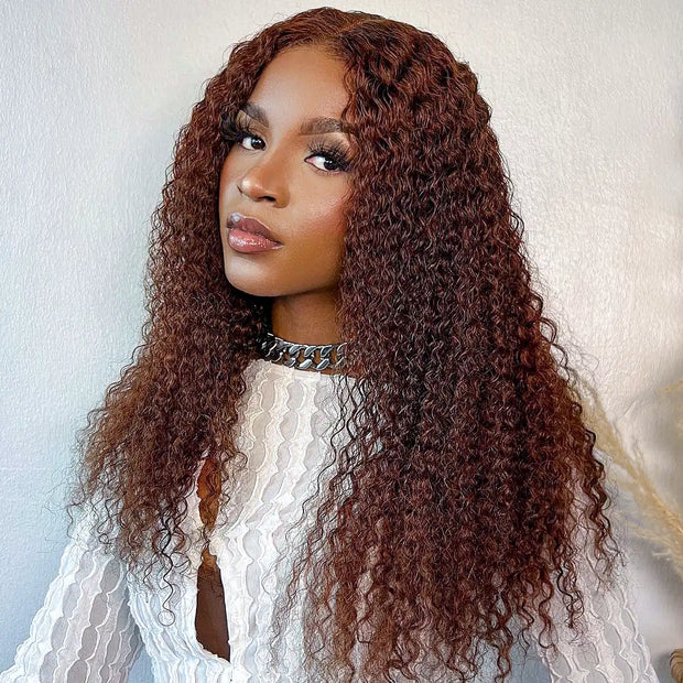 Reddish Brown Jerry Curly HD Transparent Lace Wigs