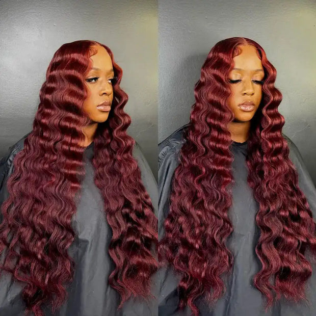 thick 360 lace burgundy loose deep wave wig
