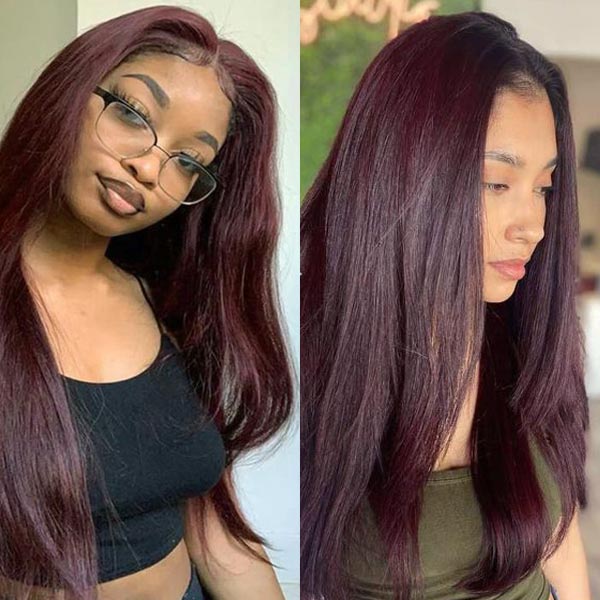 Straight Dark 99J Burgundy 13x4 Lace Front Wig Glueless Wigs 100% Huma ...